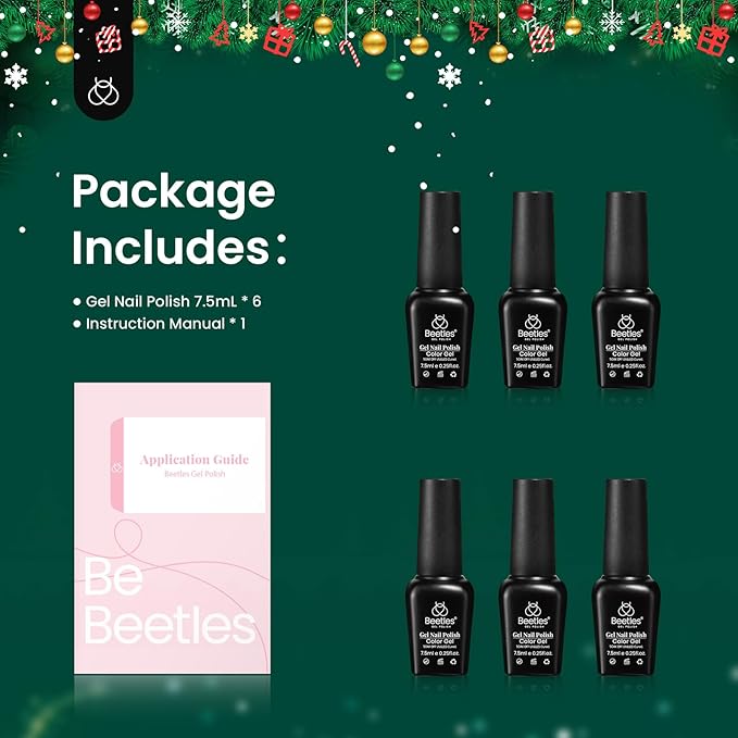 Beetles Glitter Gel Nail Polish, 6 Colors Red Green Gel Nail Polish Set Soak Off Uv LED Nail Lamp Reflective Glitter Nail Art DIY Home Nails Manicure Gifts for Women Her Girls