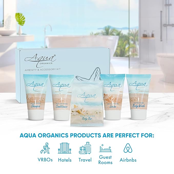 Aqua Organics Amenity Kit|Boxed Hotel Toiletries|Bulk Set 1 oz Travel Size Shampoo, Conditioner, Lotion, Body Wash & Bar Soap for Guest Hospitality AirBnB/Vacation Rentals|300 Pieces
