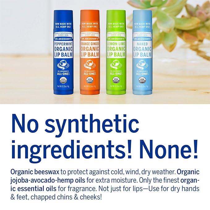 Dr. Bronner's - Organic Lip Balm (Peppermint, 0.15 ounce, 6-Pack) - Made with Organic Beeswax and Avocado Oil, For Dry Lips, Hands, Chin or Cheeks, Jojoba Oil for Added Moisture, Cooling and Hydrating