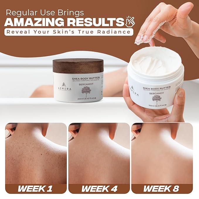 AZMERA Handcrafted Whipped Shea Body Butter – Luxurious Moisturizer for Dry, Sensitive Skin with Bergamot, Argan Oil & Vitamin E – Vegan, Non-Greasy Skincare – 8.82 oz