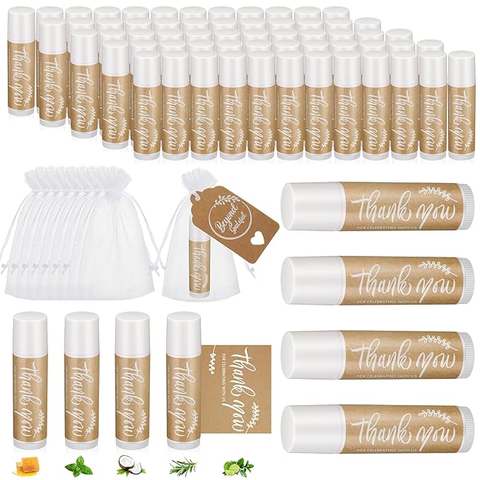 100 Set Thank You Lip Balm Bulk Small Natural Moisturizing Mini Lip Balm with Organza Bag and Card for Baby Wedding Bridal Shower Thank You Favors Bridesmaid Gifts Women Guests