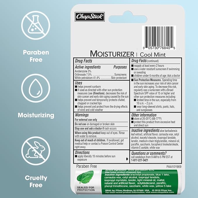 ChapStick Moisturizer 2-in-1 Lipcare SPF 15 Cool Mint 3-Pack + Classic Spearmint Lip Balm 2-Pack, 0.15 Oz Ea (5 Piece Set)