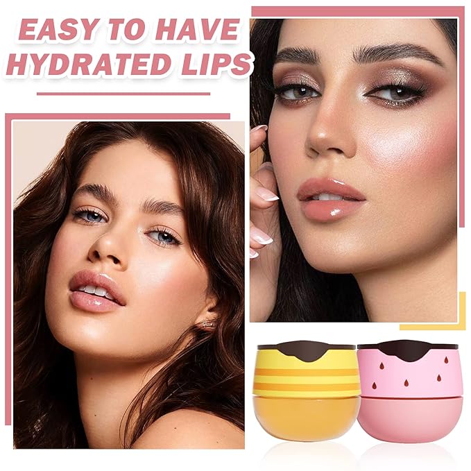 2PCS Bee Lip Balm Honey Pot,Honey Lip Balm With Honey Spoon,Honey Lip Mask Moisturizing Hydrating Prevents Dry and Chapped Lips,Lip Exfoliating Bee Lip Balm（Honey+Strawberry）