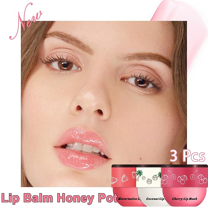 3 PCS Bee Lip Balm Lip Mask Honey Pot, Watermelon & Cherry & Coconut Lip Mask Propolis Moisturizing Lip, Hydrating Prevention Dry and Cracked Lip Scrubs Exfoliator (Watermelon & Cherry & Coconut)