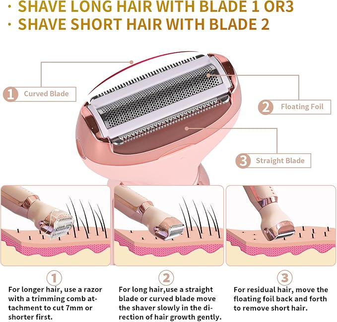 Electric Razors for Women, 5 in 1 Painless Ladies Wet & Dry Body Razors and Facial Hair Remover, Rechargeble Facial and Body Hair Remover for Face Nose Eyebrow Arms Armpit Legs Pubic Area (Pink)