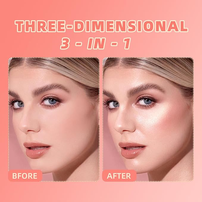3 in 1 Highlighter Contour Blush Makeup Palette, 3 Colors Matte Shimmer Brighten Highlighting Bronzing Blusher Eyeshadow Pallet, Long Lasting Full Face Eyes Contouring Shaping Makeup kit with Mirror