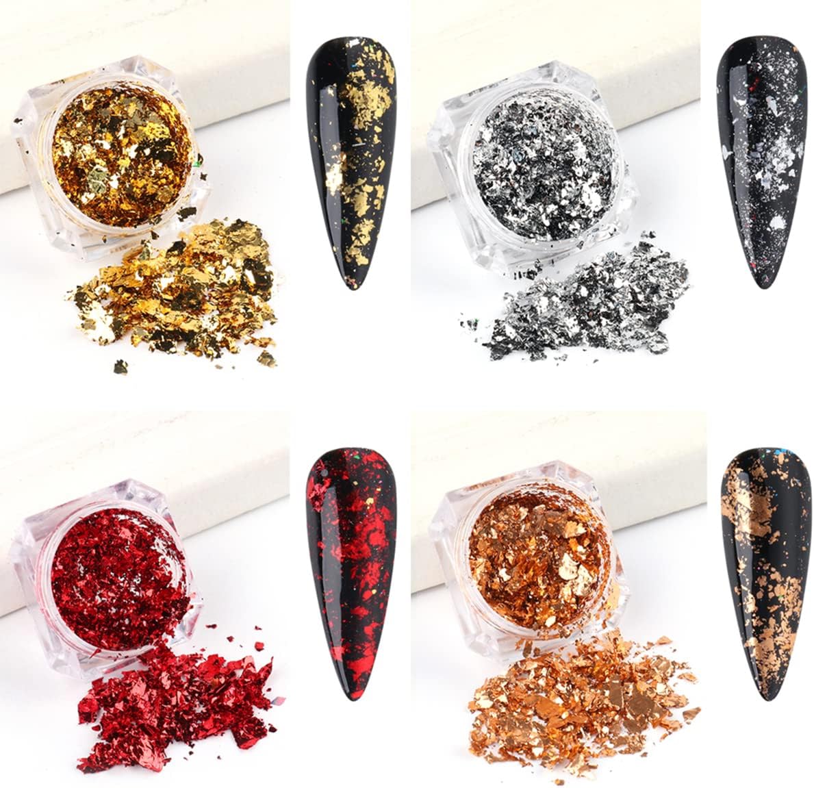 Holographic Glitter Nail Foil Flakes 3D Sparkly Aluminum Foil Sequins Nail Art Supplies Rose Gold Red Silver Glitter Foils Flake Mirror Powder Nail Designs for Acrylic Nail Art Decoration (4Boxes)