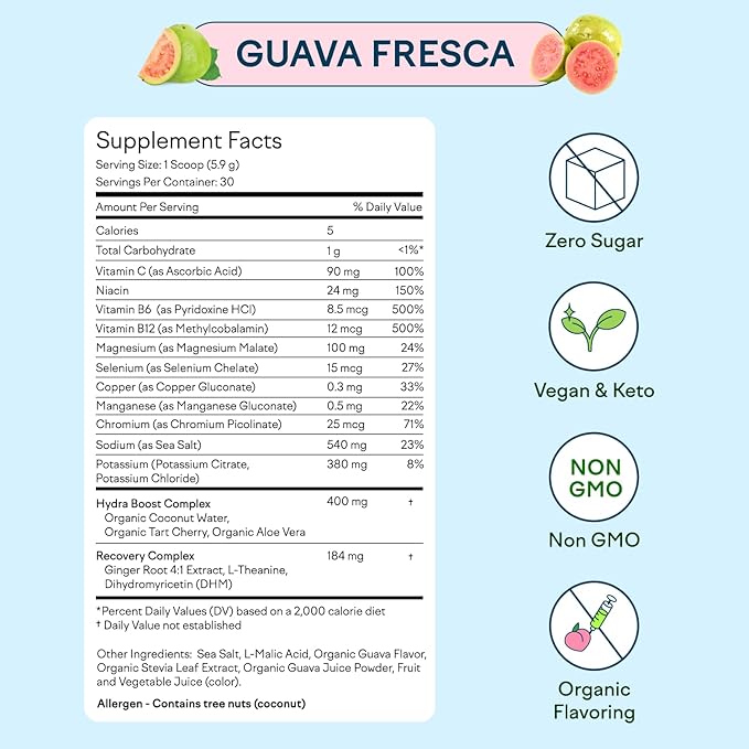 Feel Goods Hydration Hero, 1,000mg Electrolytes Powder, Sugar Free, Magnesium, Organic Aloe Vera, Organic Aloe, L Theanine, Vitamin C & B12, Non GMO, Keto, Vegan | Guava Fresca, 30 Servings