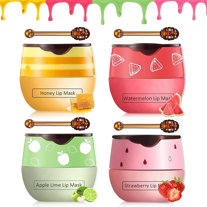 4 Pcs Bee Lip Balm Honey Pot,Strawberry&Watermelon&Honey&Apple Lime Lip Mask Overnight Hydrating Prevention Dry and Cracked Lip Scrubs Exfoliator Lip Care, Lip Sleeping Mask Reduces Lip Lines