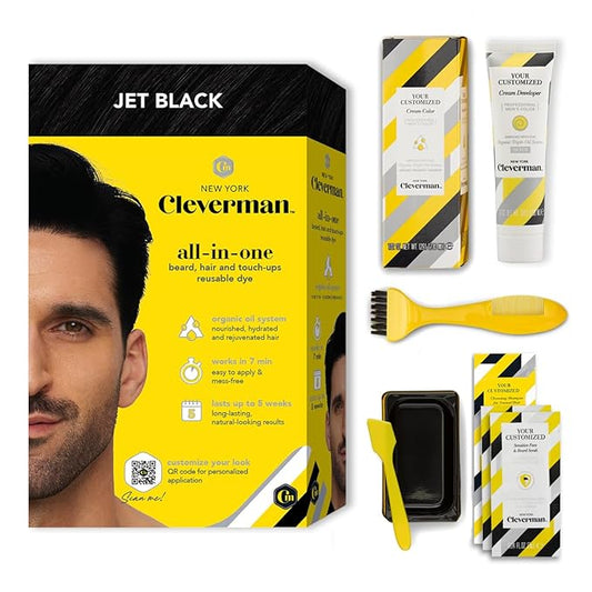 CLEVERMAN Jet Black Hair & Beard Dye for Men, All-in-One Reusable Kit - Permanent, Ammonia-Free, Professional-Quality and Natural-Looking Gray Coverage for Hair, Beard & Mustache