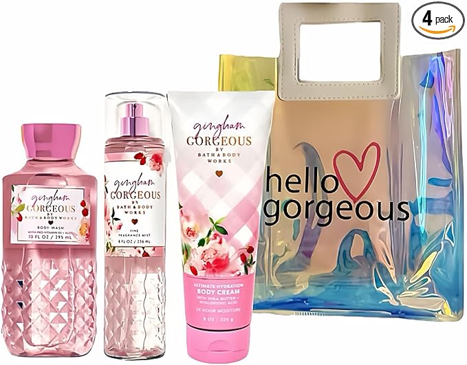 Bath & Body Works - 3 Piece Bundle - Spray - Body Cream - Shower Gel - Full Size and Gift Bag HELLO GORGEOUS (Gingham Gorgeous)
