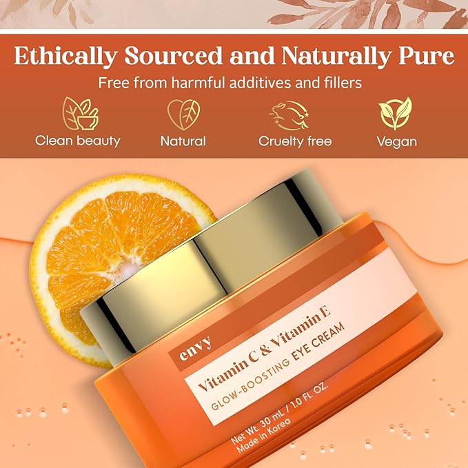 Envy Vitamin C & Vitamin E Under Eye Cream - For Dark Circles and Puffiness, Brightening & Anti-Aging Under Eye Cream - Rejuvenates Fatigued Eyes - Cruelty Free Korean Skin Care - 1.01 OZ