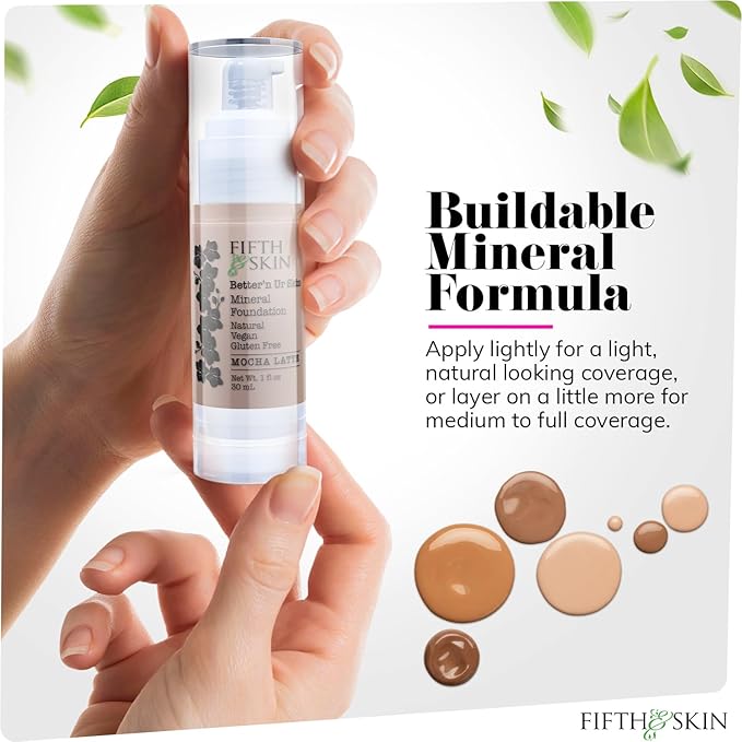 Fifth & Skin: Better’n Ur Skin Liquid Foundation (MOCHA LATTE) - Natural, Organic, Vegan, Cruelty-Free - Gluten-Free Beauty with Buildable Coverage and Palm-Free Luxury - 1 oz