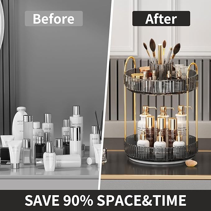 360° Rotating Makeup Organizer, Large-Capacity Skincare Make Up Storage 2 Tier Perfume Organizers Cosmetic Dresser Organizer with Makeup Brush Holder, Fits Bedroom, Bathroom, Vanity Shelf Countertop