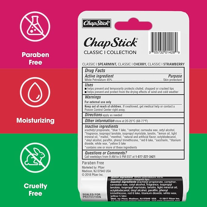 ChapStick Lip Care Bundle – Classic Collection 3-Pack with Spearmint, Cherry & Strawberry ChapStick + Classic Original Lip Balm, 0.15 Oz Ea (5 Piece Set)