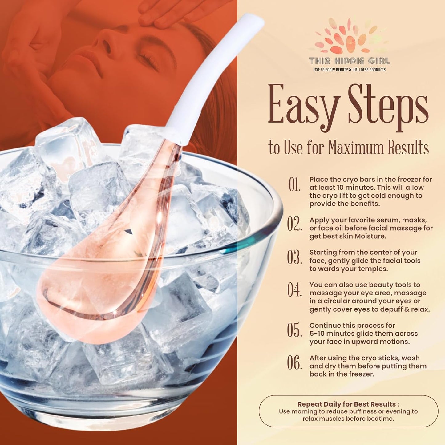 Ice Globes Facial Skin Care Tools for Women, Cryo Sticks for facials, Rose Gold Cold Therapy, Stainless Steel Cryo Wands, Soothe and DePuff Cold Bars for Face and Eyes, Facial Tools