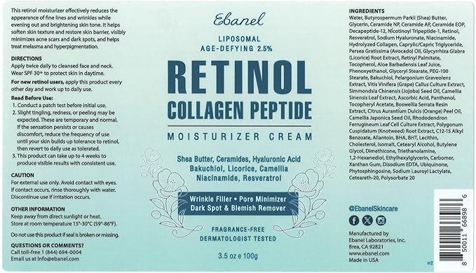 Ebanel Retinol Cream for Face 3.5 oz, Moisturizer with Collagen, Peptides, Ceramides, Hyaluronic Acid, Vitamin C & B5, Firming Anti Aging Face Cream for Wrinkles, Fine Lines, Dark Spots, Day & Night