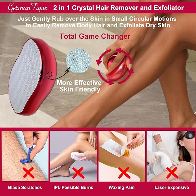 Crystal Hair Eraser,Natural Crystal Hair Remover,Reusable Painless Nano Glass Hair Removal Device Without Shaver,Gentle Crystal Epilator and Exfoliator for Soft Silky Skin(Red)