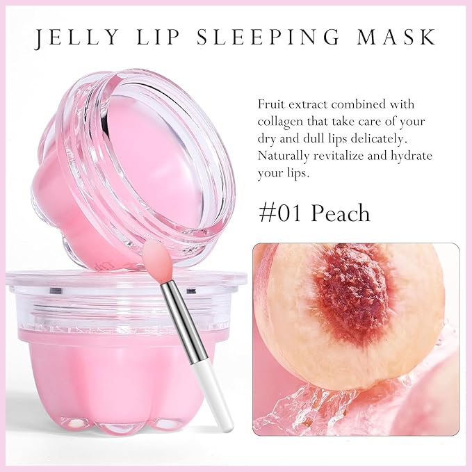 2Pc Jelly Lip Mask Overnight,Fruity Peach Lip Sleeping Mask Day Night Repair Kawaii Lip Balm Hydrate Plump Dry Lip Scrubs Exfoliator,Lip Care Lip Moisturizer with Collagen-Peach