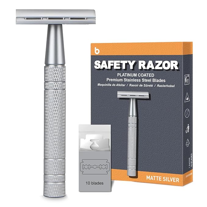 Double Edge Safety Razor, Single Blade Razors for Men and Women, with 10 Double Edge Blades, Reusable Metal 1 Blade Razor, Eco-Friendly, Zero Waste, Smooth and Close Shave, Matte Silver
