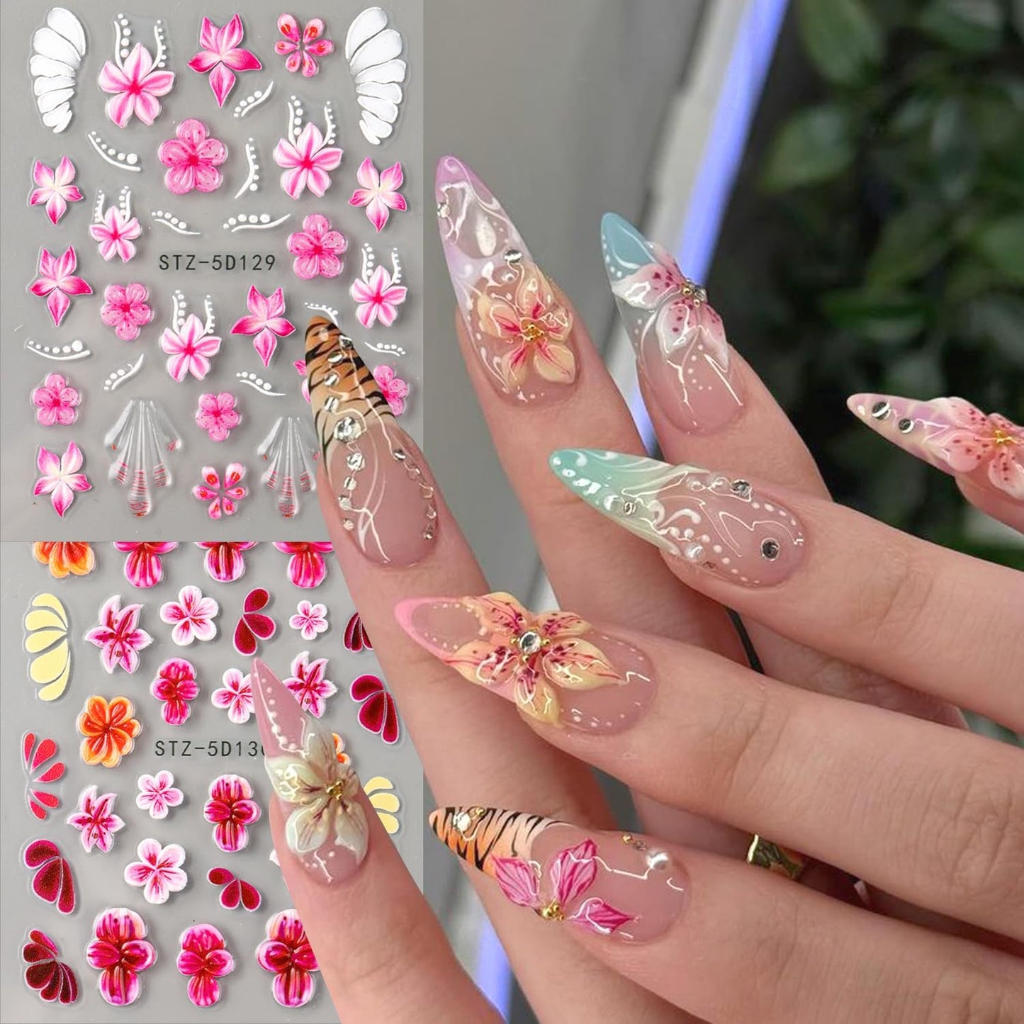 Cute Flowers Nail Art Stickers 5D Embossed Flower Nail Decals with Rhinestones Design Nail Stickers Self-Adhesive Colorful Floral Starfish Nail Decal French Sticker for Women Summer Hawaii Nails Decor