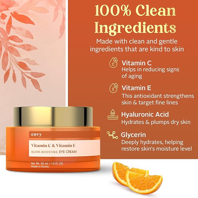 Envy Vitamin C & Vitamin E Under Eye Cream - For Dark Circles and Puffiness, Brightening & Anti-Aging Under Eye Cream - Rejuvenates Fatigued Eyes - Cruelty Free Korean Skin Care - 1.01 OZ