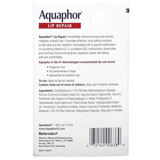 Aquaphor Lip Repair Ointment - Long-lasting Moisture to Soothe Dry Chapped Lips - .35 fl. oz Tube, 4 Pack