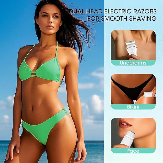 Epilators Hair Removal for Women-2 in 1 Eletctric Razors for Women,Dual Head Bikini Trimmer for Pubic Hair/Lady Facial Razor,Cordless Epilator Body Shaver for Smooth Wet/Dry Shaving,Led Light