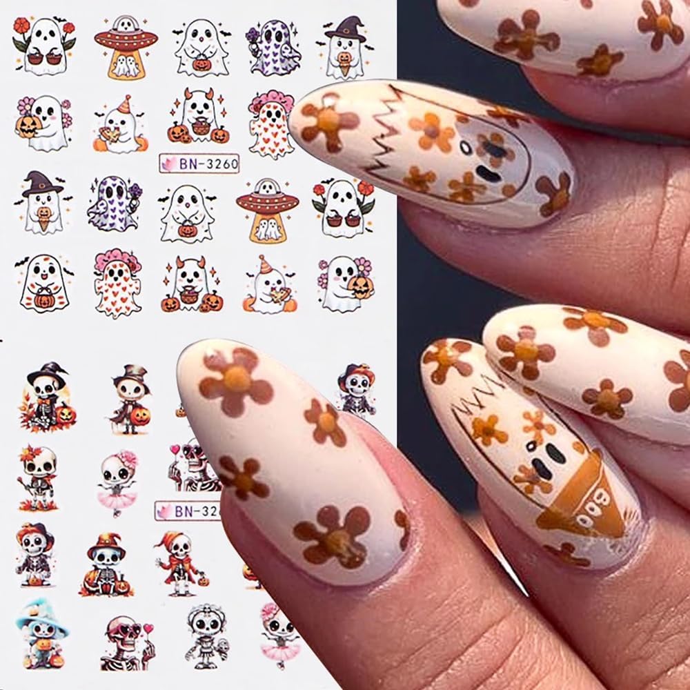 Halloween Pumpkin Nail Art Stickers Decals, 12Pcs Cute Ghost Skeleton Bat Pattern Water Transfer Nail Foils Decals for Halloween Nail Art Decoration Watermark Acrylic Stickers for Manicure DIY Supply