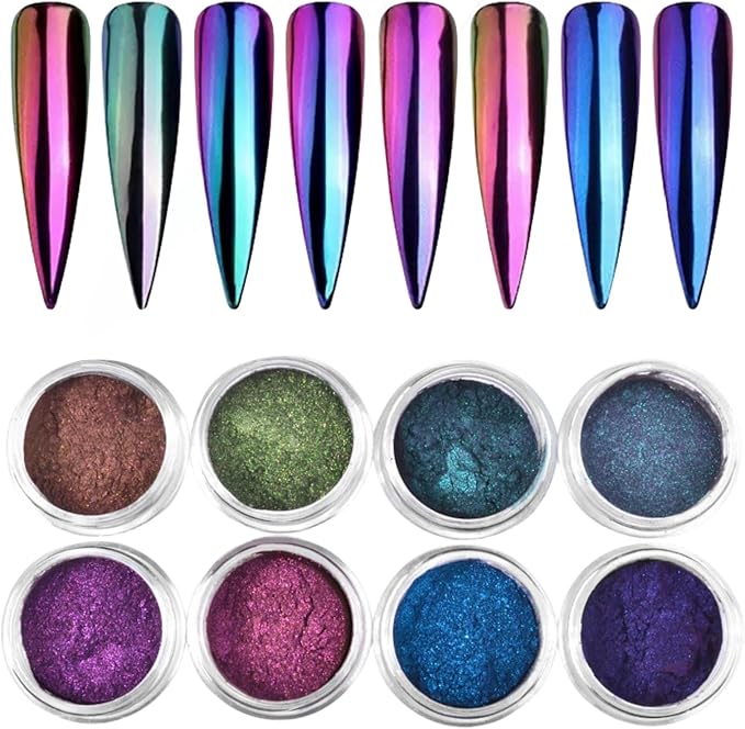 8Pcs Chameleon Chrome Nail Powder,Chrome Powder for Gel Nails Nail Chrome Powder Mirror Effect Holographic Aurora Iridescent Pearlescent Manicure(8 colors)