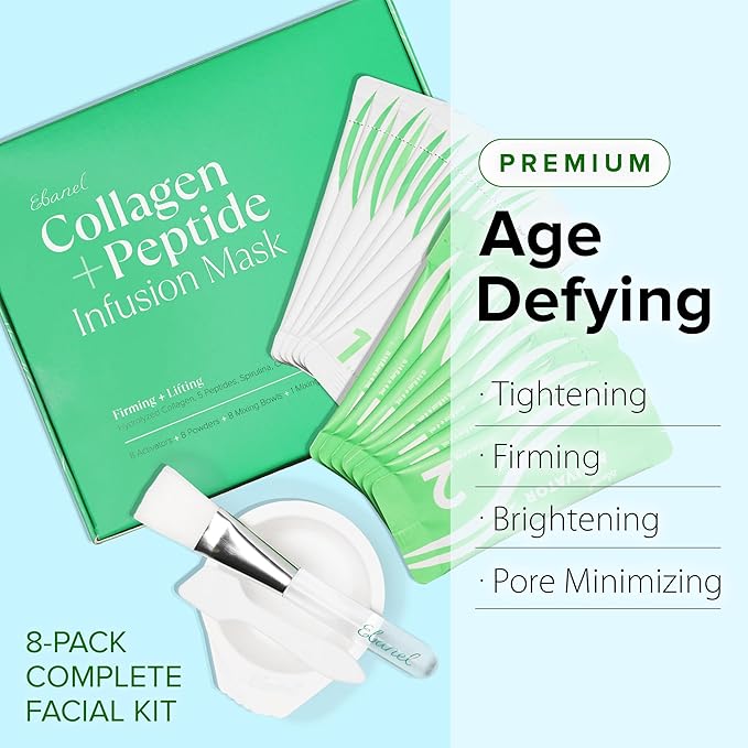 Ebanel Collagen Peptides Wash-Off Face Mask Set, 8 Pack Instant Skin Tightening and Lifting Masks, Brightening Face Mask with Niacinamide, Glutathione, Hyaluronic Acid, Vitamin C, Cica, B5, Albumen