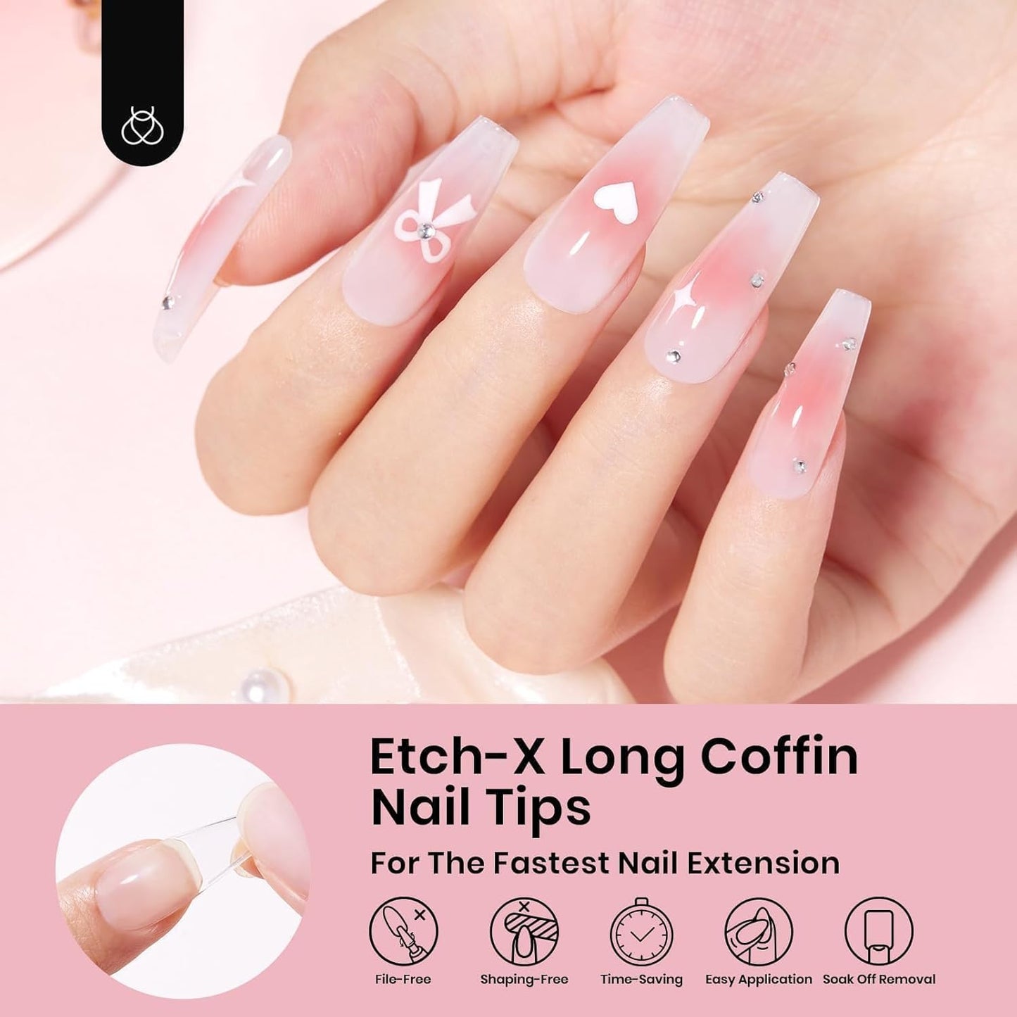 Beetles Coffin Long Gel Nail Tips –Pre-Etched Half Matte Full Cover, 288 Pieces, Pre-Shaped in 12 Sizes for Press-On Extensions