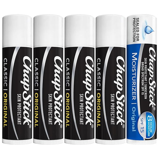 ChapStick Original Lip Balm 4-Pack + 1 Chapstick Moisturizer 2-in-1 Lipcare with SPF 15, 0.15 Oz Ea (5 Piece Set)
