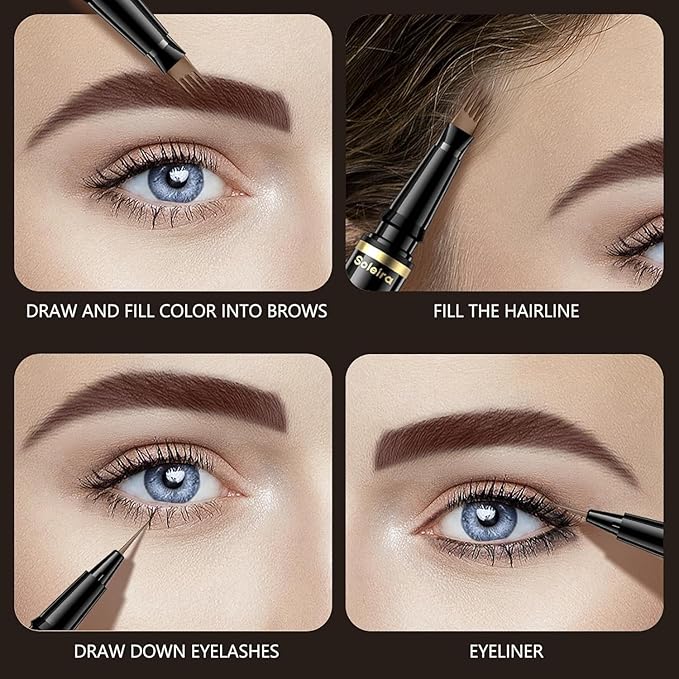 Eyebrow Pen, Soleira Waterproof Eyebrow Pencil with 4 Tip Microblading Eyebrow Pen and Dual-ended Eyebrow Brush, for Natural-Looking Brows, Long-Lasting, Soft Brown