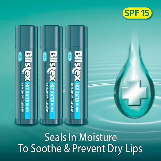 Blistex Medicated Lip Balm, 0.15 Ounce, 3 Count (Pack of 2) Prevent Dryness & Chapping, SPF 15 Sun Protection, Seals in Moisture, Hydrating Lip Balm, Easy Glide Formula for Full Coverage