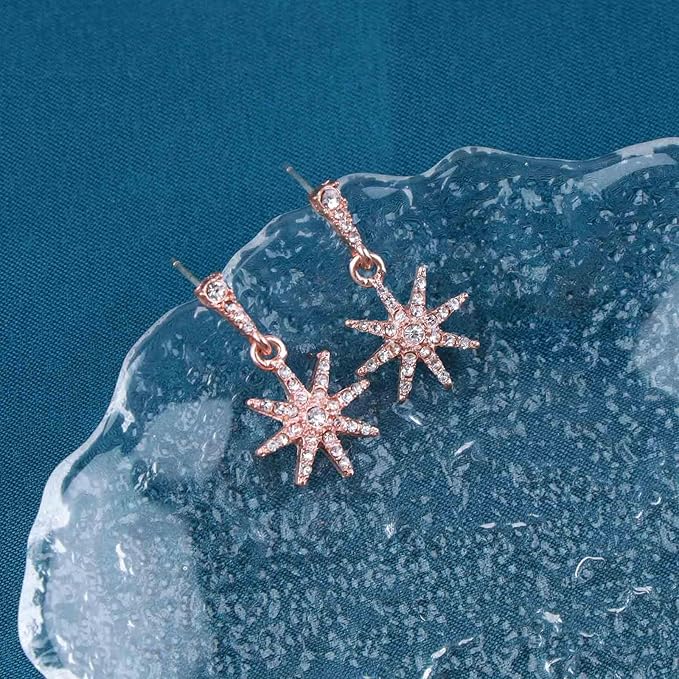 Boho Crystal Sunburst Earrings Rose Gold Star Drop Stud Earrings Cz Paved Starbust Earrings Celestial Earrings Jewelry for Women and Girls