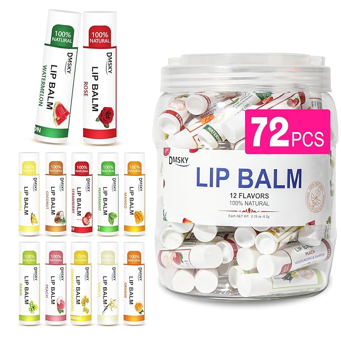 DMSKY Lip Balm Bulk 72 Pack, Lip Balm Hydrating with Vitamin E and Coconut Oil 12 Flavors, Lip Moisturizer Treatment - Party Favors Bulk Gift