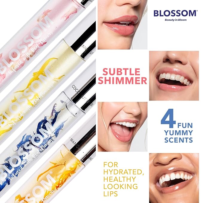 Blossom Moisturizing and Hydrating Shimmer Sparkle Lip Oil with Olive Oil + Grape Seed Oil, Infused with Real Flowers, 3g, Mango