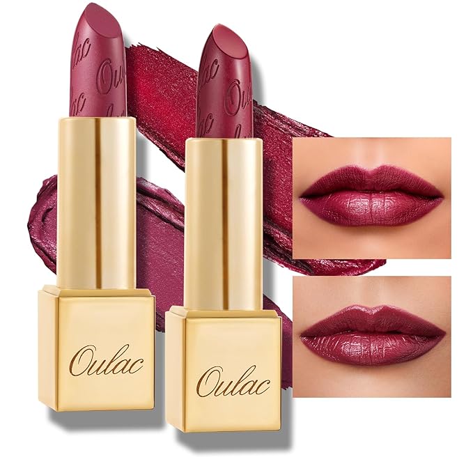 Oulac Metallic Purple Lipstick Set - 2PCS Vegan Lightweight Hydrating Formula with High Impact Lip Color for Full Coverage Lip Makeup, Christmas Gifts for Women, 03+14