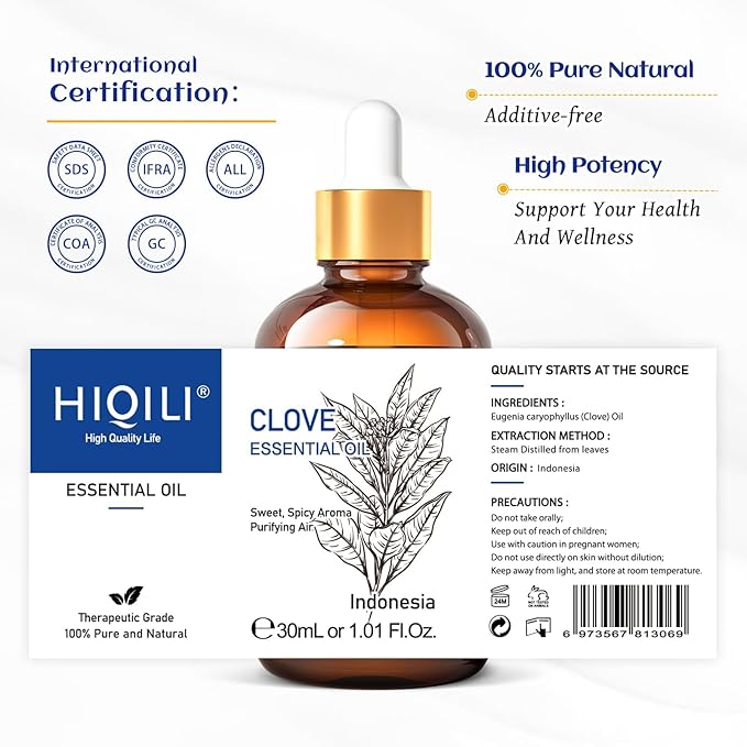 HIQILI 1 Fl Oz Clove Oil for Teeth and Gums, Oral Care, DIY Clean Spray, Aromatherapy, 100% Pure Natural Premium - 30ml