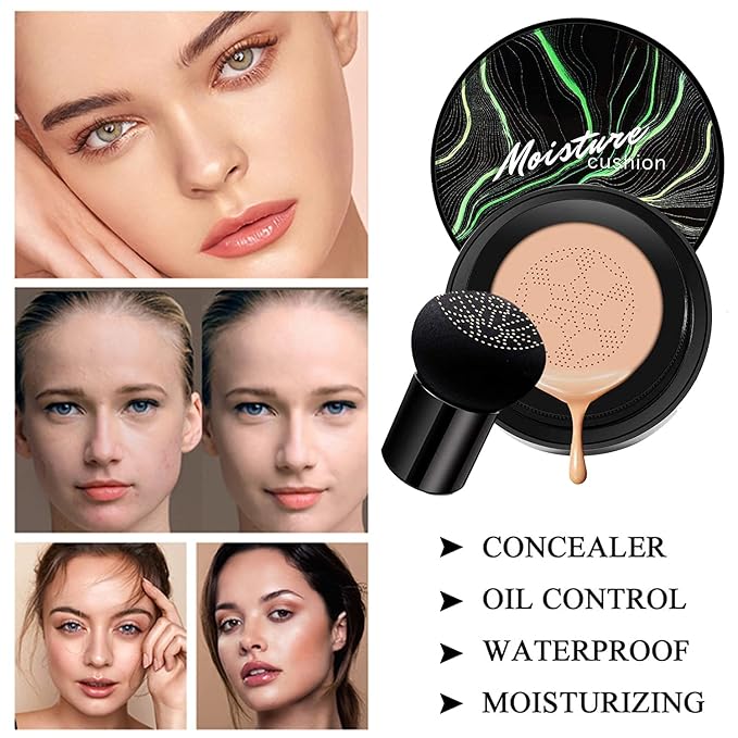 2 PCS Mushroom Head Air Cushion CC Cream Nature Foundation,Foundation Brush Powder Brush,Moisturizing Concealer, Bright Makeup Base Long Lasting with Mushroom Makeup Sponge (2PCS #01 Ivory)