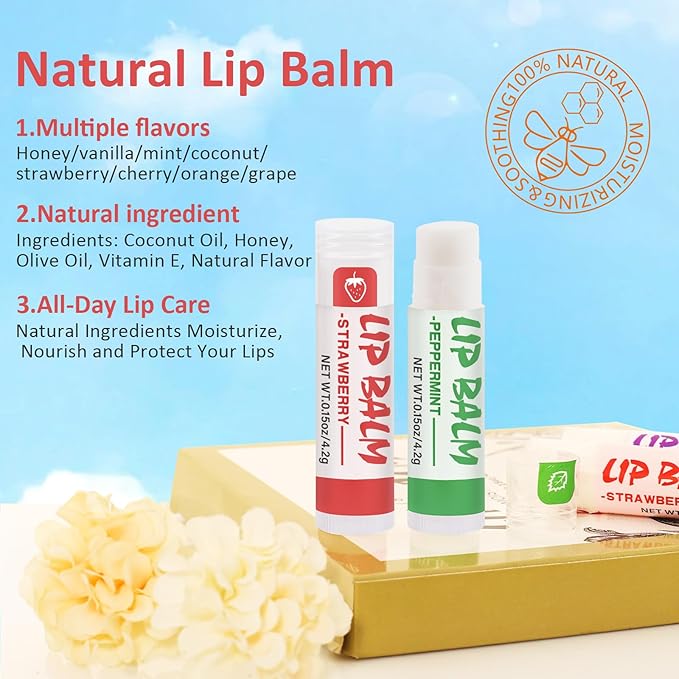 16 Pack Lip Balm, Natural Lip Balm Bulk with Vitamin E and Coconut Oil, Moisturizing Lip Balm for Dry Cracked Lips, Lip Balm for Stocking Stuffers - 8 Flavors
