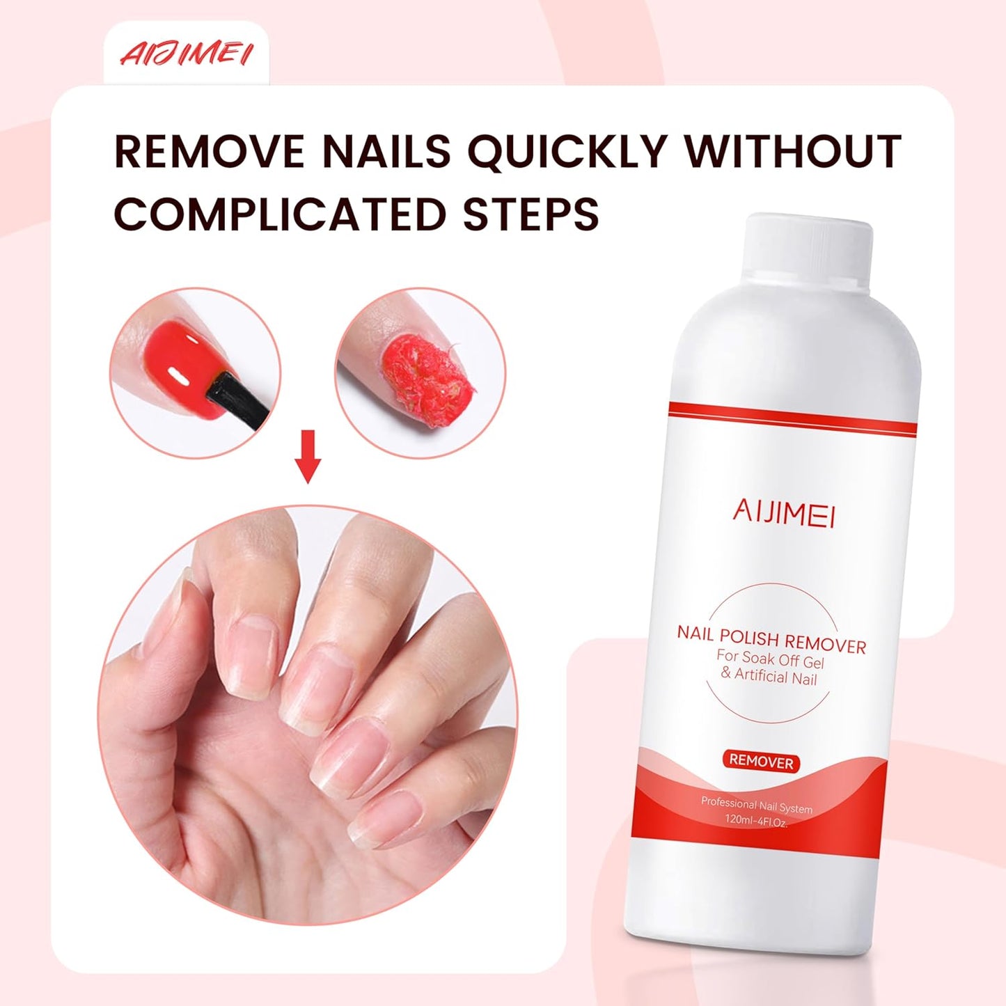 AIJIMEI Nail Polish Remover Kit, 4 Fl Oz Nail Polish Remover for Soak Off Gel Nail Polish Acrylic Nails Dipping powder Remover for Home DIY or Nail Salon