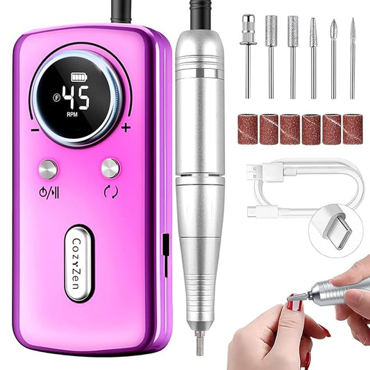 CozyZen Cordless Nail Drill Professional: 45000 RPM Rechargeable Electric Nail File Kit, Portable & Low Noise for Acrylic, Gel Nails, Manicure & Pedicure - Salon & Home Use