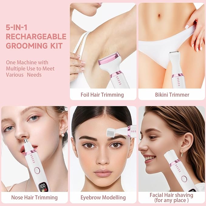 Electric Razor Shavers for Women 5 in 1 Electric Shaver for Women,Cordless Replaceable Facial Eyebrow Razors & Nose Hair Trimmer, Wet Dry Bikini Trimmer Pubic Hair Removal Gifts for Womens 3028A White