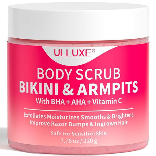 Bikini Area Exfoliator with 10% AHAs BHA & Vitamin C, Exfoliating Body Scrub for Ingrown Hair and Underarm Bumps, Dark Spots, Moisturize Brighten Soothe & Even Skin Tone, Sensitive Skin Safe, 7.76 oz