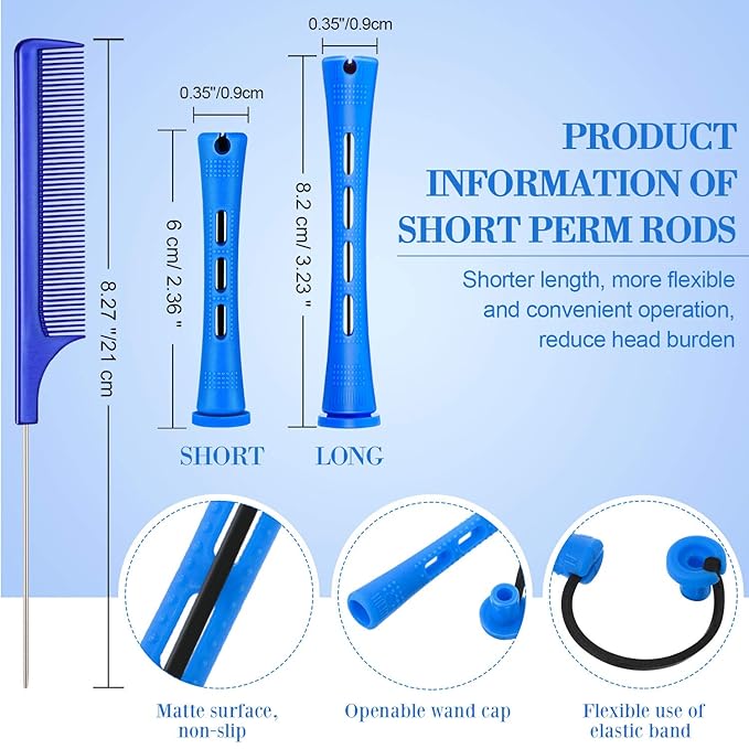 48 Pieces Hair Perm Rods Short Cold Wave Rods Plastic Perming Irons Hair Curling Rollers Curlers with Steel Pintail Comb Rat Tail Comb for Hairdressing Styling Supplies(0.35 Inch,Blue and Dark Blue)