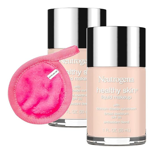 Foundation Liquid Makeup | Bundled With Makeup Cleansing Cloth - Foundation Natural, Broad Spectrum Spf 20, Infused With Vitamin E & Feverfew [Pack Of 2]