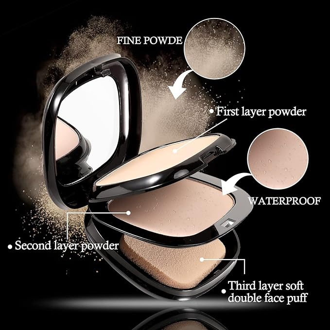 Boobeen Pressed Powder, Light Shade, Long-Lasting Matte Finish, Flawless Lightweight Makeup, 2 Layers Setting Powder Foundation, Compact with Mirror and Puff