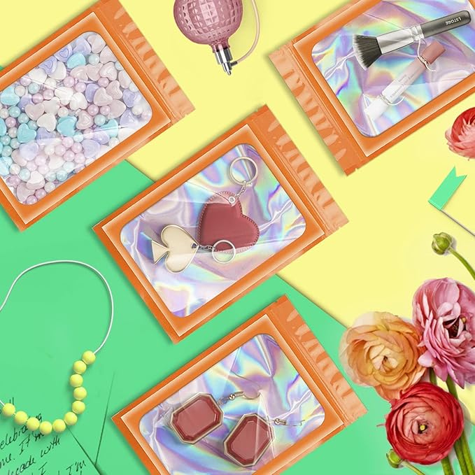 ANZNKU 100 Pcs Smell Proof Mylar Resealable Bags, Holographic Packaging Bags, Resealable Odor Foil Pouch Zip Bag with Clear Window for Food Storage and Lipgloss, Jewelry Lash (Orange, 4.7 x 7.9 Inch)